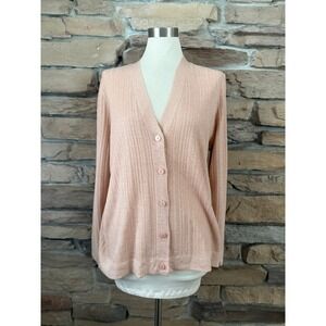 Chicos Ribbed Metallic V-Neck Cardigan Pink Button Front Size 2 L Large